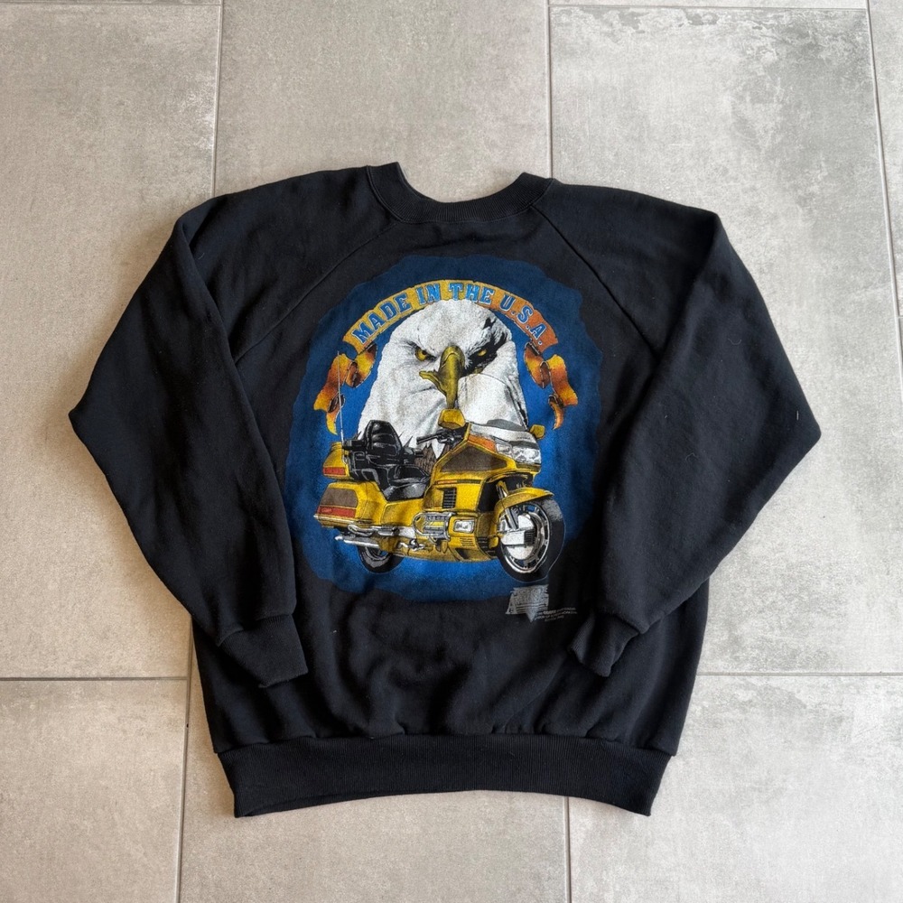 Vintage 1993 Hanes Activewear Black Motorcycle Eagle Sweatshirt Mens Large USA